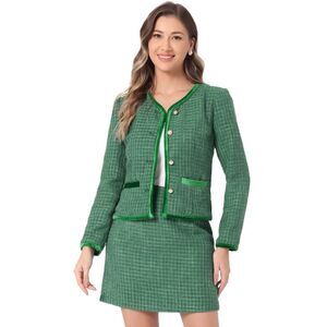 Suit Set 2 Piece Outfits Plaid Tweed Short Blazer and Skirt Green